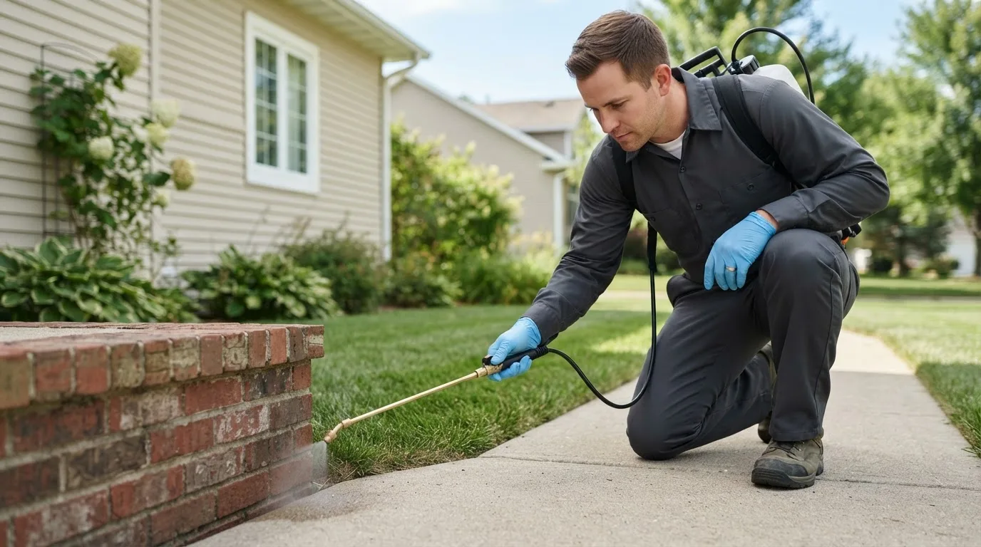 Pest control technician treating a home near Rimersburg, PA