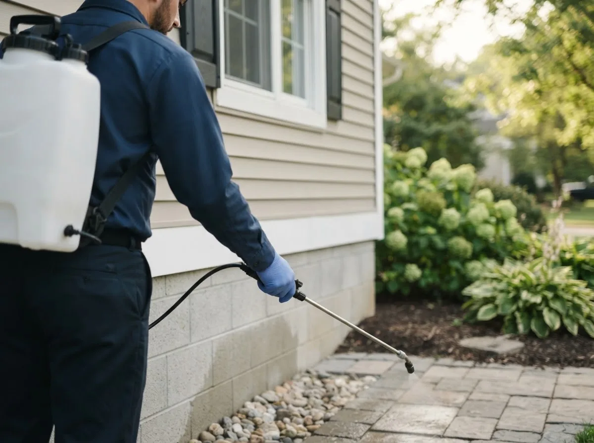 Pest control technician inspecting a home in Rimersburg, PA